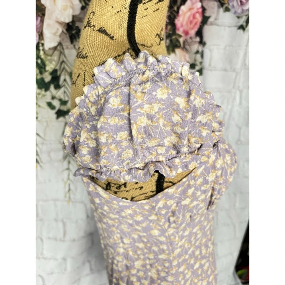 Bello Mae Cottagecore Milkmaid Dress Purple Floral Rayon Prairie Size L - Picture 6 of 12